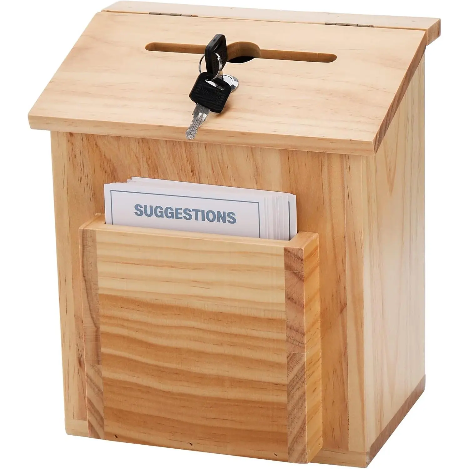 Wooden Suggestion Box with 50 Free Suggestion Cards,  Pinewood Ballot Comment Box Donation Box with Locking Hinged Lid for Countertop or Wall Mounted, 8.6" x 6.8" x 10"