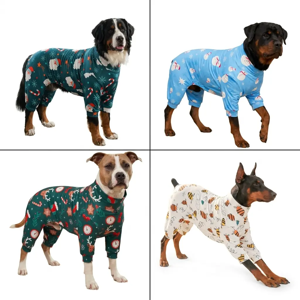 Christmas Style Soft Fleece Cute Bumble Bee Dog Sleepwear - 4-Legged Full Body High Neck Anti-Shedding Stretch Bodysuit, Warm Apparel for Medium, Large, Extra Large Dogs, White