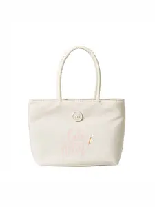 Light Beige Mini Tote Bag with Curved Top Handle - Cute Cake Artist Design with Pink Cursive Text and Pencil Illustration, Structured Small Purse for Daily Use and Casual Outings