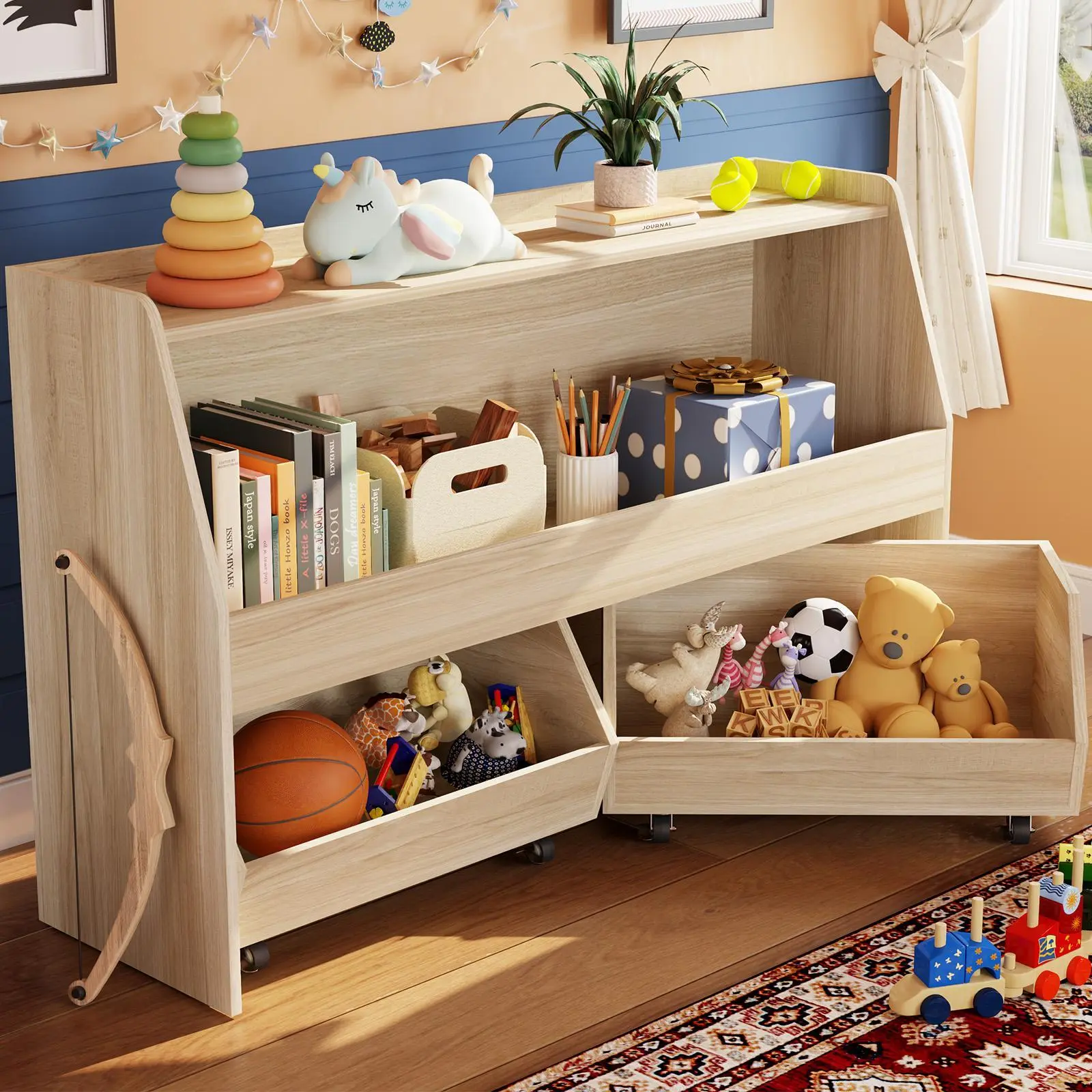 LAST CALL | COZPAW Toy Storage Organizer, 2 Tier Montessori Shelf with Movable Bins, Toy Organizers Book Shelf for Kids Room, Playroom, Nursery Wooden Bookshelf Mdf Bookshelf