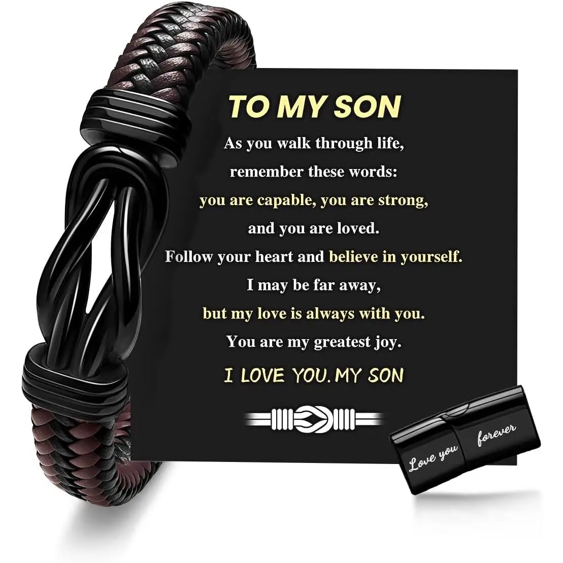 Men's Infinity Knot Leather Cuff Bracelet - Black Braided Leather, Stainless Steel "To My Husband-Eternal Love" Charm, 7.5-9 in Mens Gifts, Rugged Look Male Casual Commemorative Gift for Husband (Father's Day, Birthday)