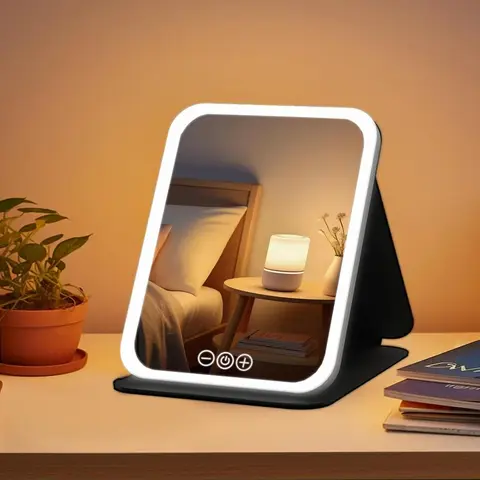 3-Color Makeup Light LED Vanity Mirror - Lightweight Bathroom Mirrors, Portable, Adjustable, Dimmable, Touch Screen, USB Charging, Foldable, 600mAh Lithium Battery, Polished Plastic Surface, Glass, Backlit, Rechargeable Home/Bathroom Gadget for Travel Use
