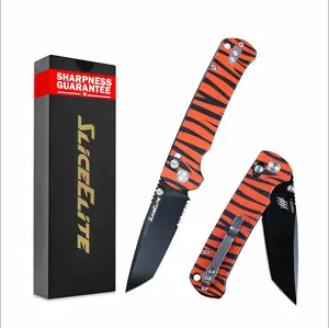 SliceElite Stinson Folding Knife 14C28N Stainless Tanto Serrated Blade Black Titanium PVD Coating Crossbar Lock Aluminum Handle Orange Tiger Stripe EDC