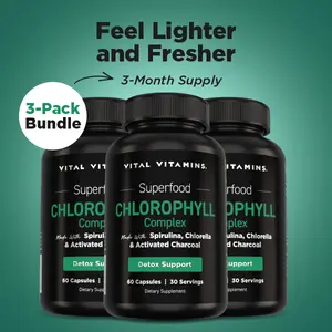 Vital Vitamins Chlorophyll Supplement Bundle – 3-Month Supply – Body Deodorizing Capsules with Spirulina, Chlorella, Parsley, Mint & Activated Charcoal – For Women & Men – 180 Capsules