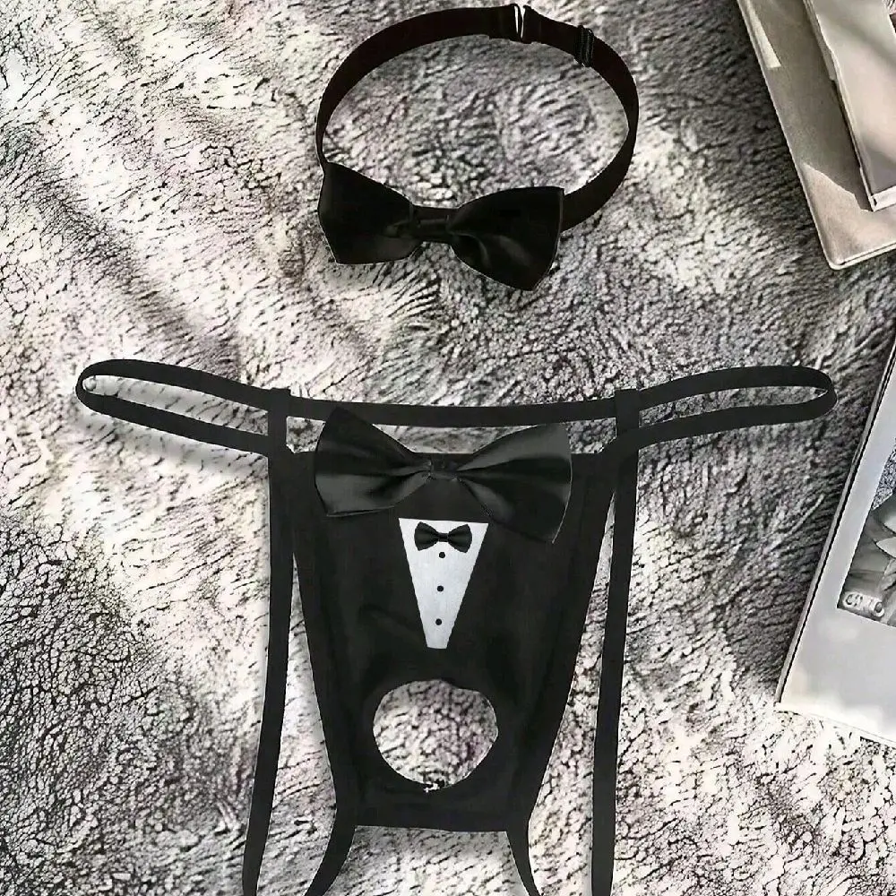 Men’s Hollow Bowknot Pattern G-String With Collar, Sexy Comfortable Lingerie