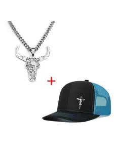 Unisex Baseball Cap Mesh Hat & Bull Head Necklace Set, Casual Fitted Design, All-Season Wear, Random Print Pattern, Ideal for Men & Women, Snapback Trucker Hat