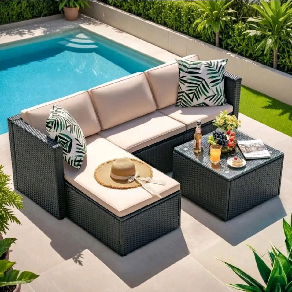 4-Piece Outdoor Patio Furniture Set – Modern Wicker Sectional Sofa with Cushions & Glass Table | Beige