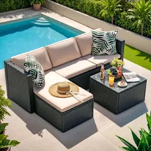4-Piece Outdoor Patio Furniture Set – Modern Wicker Sectional Sofa with Cushions & Glass Table | Beige