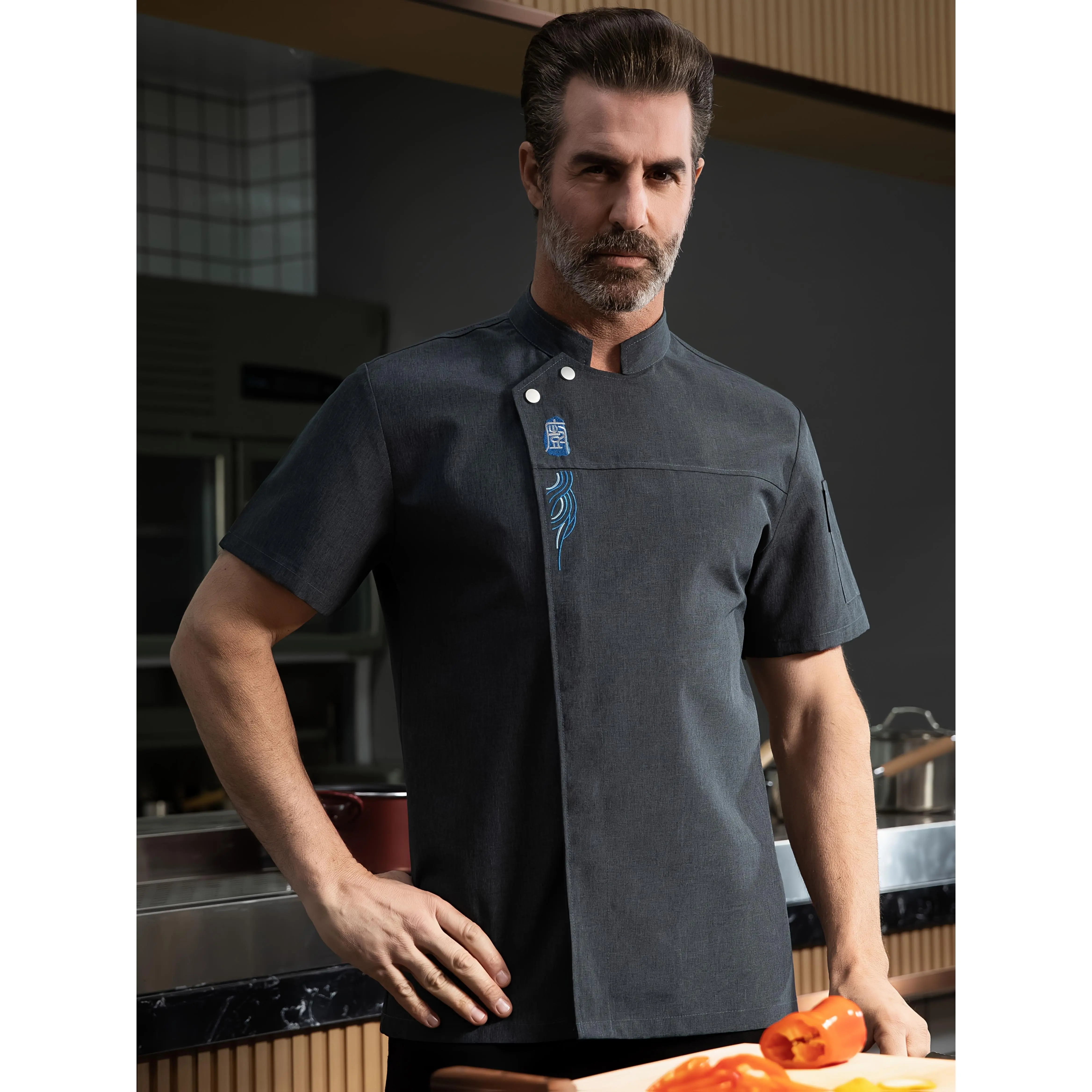 Men's Professional Chef Uniform Collared Short-Sleeve Polyester Fabric Jacket - Slim Fit, Pockets, Solid Yellow, Ideal for Restaurants, Menswear Workwear