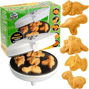 Mini Waffle Maker- Fathers Day Fun, 5 Different Double Sided 3D Shaped Dinos in Minutes- Kid Adult Breakfast w Novelty Pancakes, Electric Baker, Non-Stick Waffler Iron w Recipes, Gift for Him