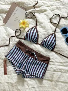 Sable x Swim Mod Women Gingham Print Bikini Set,White Brown Beachwear Gym Short Swimpants,Cute Summer Pool Party Holiday New Year Vacation Outfit Swimwear