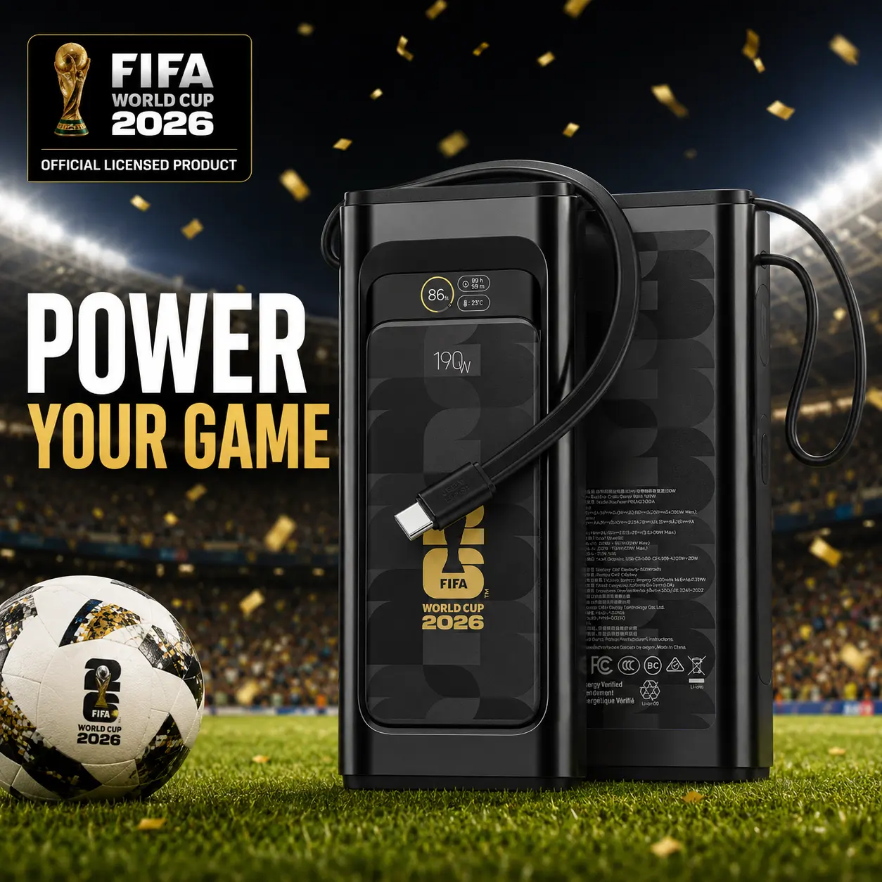 FIFA World Cup 2026 190W Laptop Power Bank with Built-in Cable, 20000mAh, 2-Port, Smart Display, TSA Approved Power Bank for Laptop, MacBook, iPhone 17/16, Galaxy, Smartphone, Mobile, Portable, Device, Digital