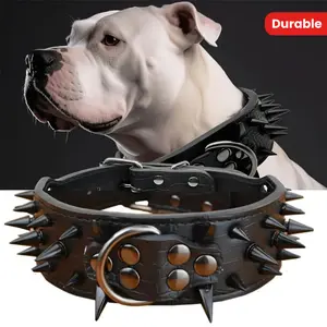 [The store is new]Leather Dog Collar with Spiked Studs Durable Heavy-Duty Pet Collar for Medium to Large Dogs Non-Breakable Buckle Pet Supplies (Black)