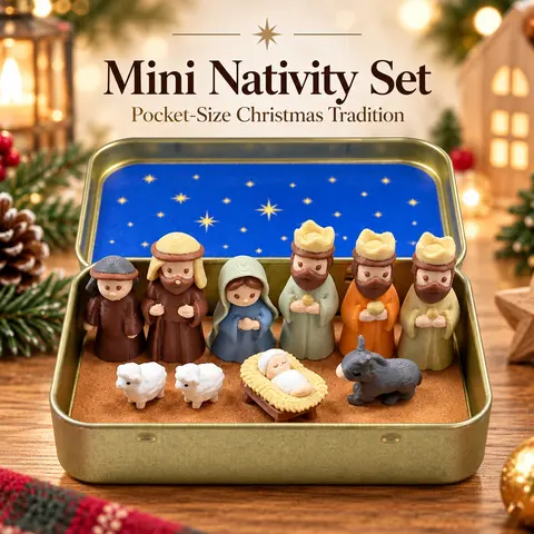 Mini Nativity Set in Metal Tin, Christmas Religious Decor with Miniature Figures for Desk, Shelf, Home Display, Christian Holiday Gift