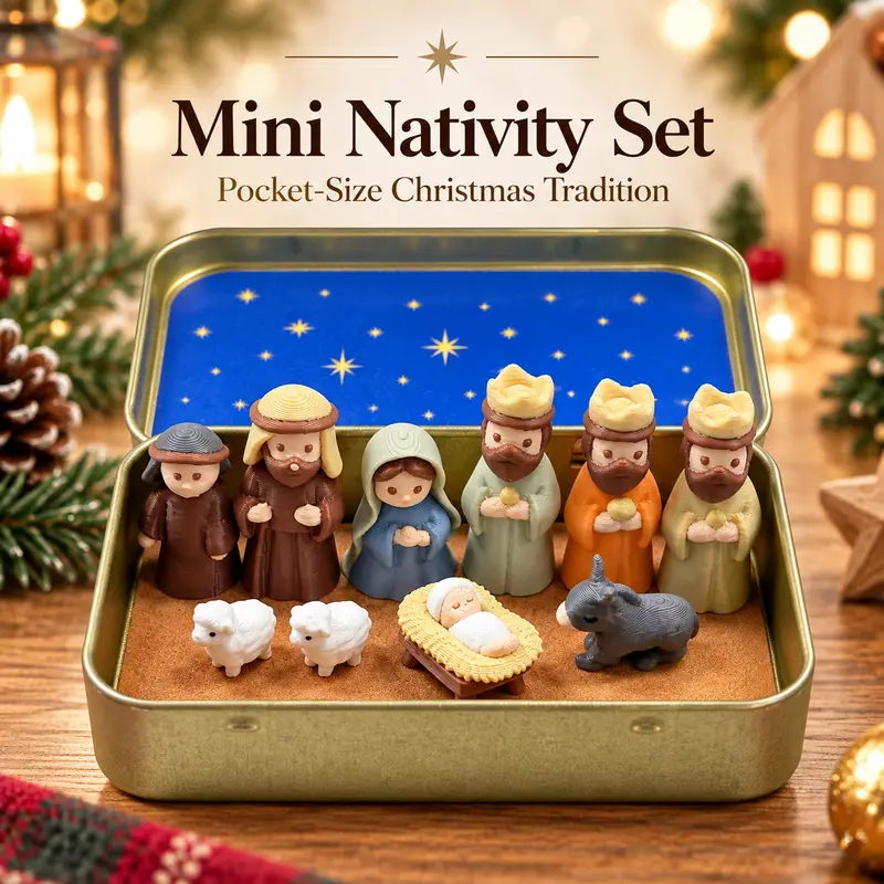 Mini Nativity Set in Metal Tin, Christmas Religious Decor with Miniature Figures for Desk, Shelf, Home Display, Christian Holiday Gift