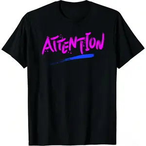 Attention Graffiti Graphic T-Shirt for Men Women, Bold Pink Print Streetwear Tee, Casual Black Short Sleeve Top, Hip Hop Y2K Aesthetic Shirt for Street Style