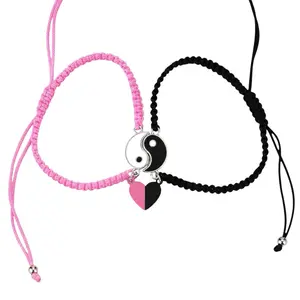 BONJOOK Yin Yang Couple Bracelet Set Matching Friendship Bracelets with Connected Heart Charm Adjustable Cord Gift for Couples and Best Friends