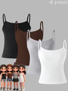 Girls' Knitted Plain Short Tank Tops 4 Pack, Fashion Casual Wear, Simple Comfortable Versatile, All Seasons, Girls' Clothing