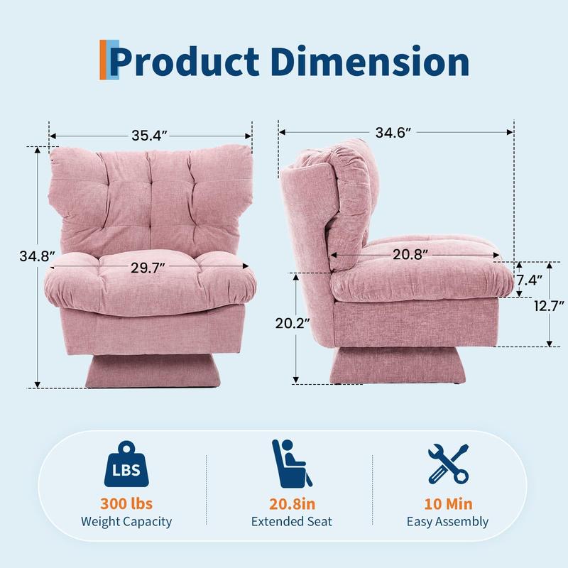 Garvee Oversized Pink Chenille Swivel Accent Chair with 360° Rotation, Thick Cushion, and Cozy Upholstery for Living Room, Bedroom, or Office, Supports up to 300 Lbs