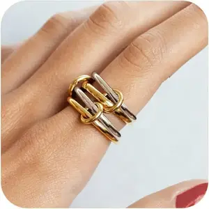 14K Gold Plated Interlocked Stackable Rings for Women, Statement Multi Ring Mixed Metals Stack, Two-Toned interlocking rings Stacking Jewelry