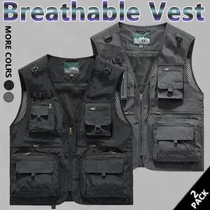 Men's solid color multi-pocket zip vest, casual streetwear, fishing, hollow V-neck tank jacket, suitable for year-round wear, men's everyday clothing.