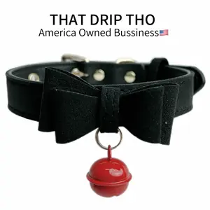 Black Leather Bowtie Choker Necklace with Red Bell, Adjustable Punk Gothic Collar for Women & Girls, Party Alternative Fashion Accessory, Velvet Bow Collar, Cat-Themed Jewelry
