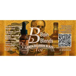 1 oz. Beard Oil, Lemon Bourbon Blaze (Lemon, Cuban Tobaco, Bourbon, Marshmallow, Chocolate, Charcoal, Lemongrass) Aroma Hair Care