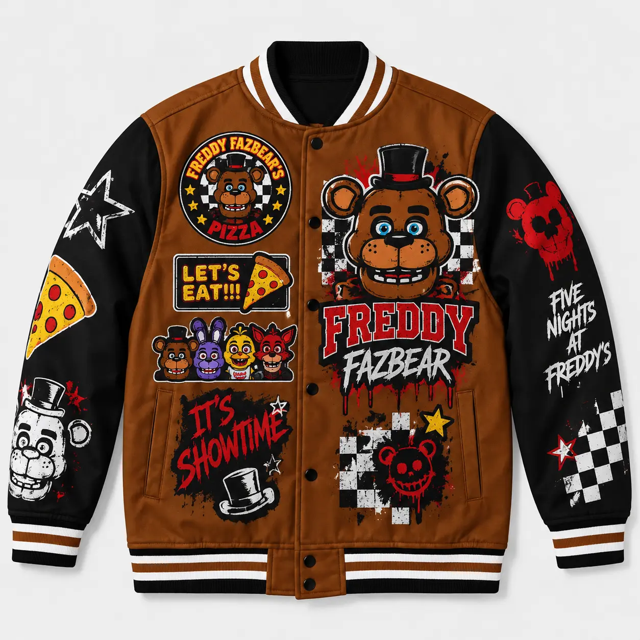 Freddy Fazbear Varsity DIEUAI Jacket All-Over Printed Graphic, Polyester Animatronic Horror Streetwear for Gaming Fans