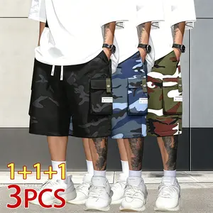 Men’s cargo shorts with camouflage pattern and multiple pockets, 7/8 length; outdoor trendy style featuring dual side large cargo pockets for reinforced storage and practicality. Elastic drawstring waistband allows free adjustment for a close fit. 7/8 len