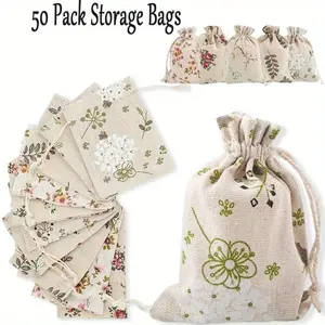 A Set of 75/50 Pcs Natural Floral Printed Linen Drawstring Bags for Jewelry,Wedding,Rustic Party Favors,Gift Bags,Wedding and Craft Supply Storage,New Year Gifts,Hand Tools Kits