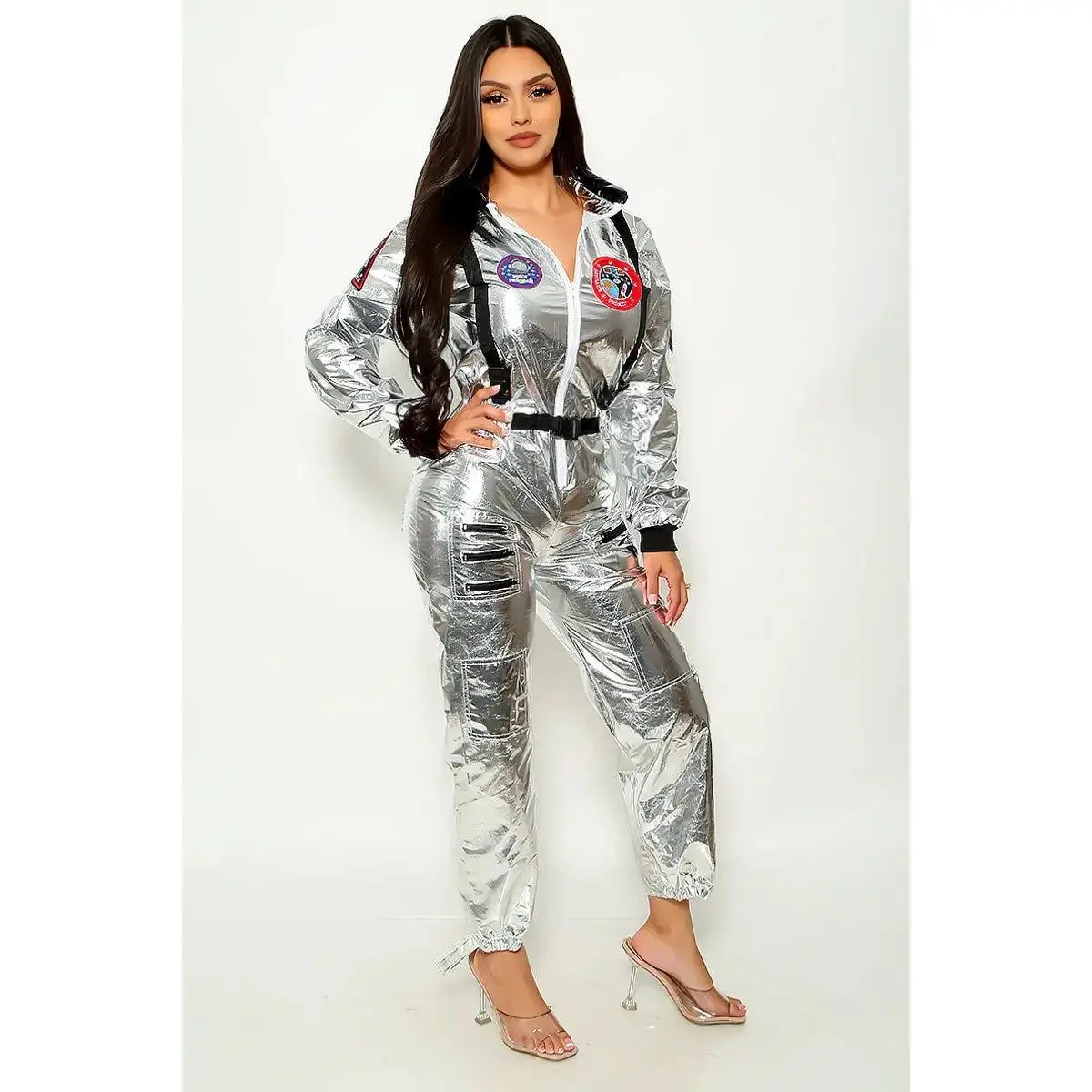 Silver Metallic Zipper Long Sleeve Full Length Cinched Astronaut Costume