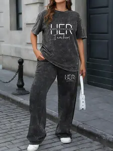 Plus Size Two Piece Casual Fitted Womenswear Outfits for Women Washed Heart Print Round Neck Short Sleeve T-shirt & Wide Leg Pants Curvy Women Going Out Outfit XL-5XL