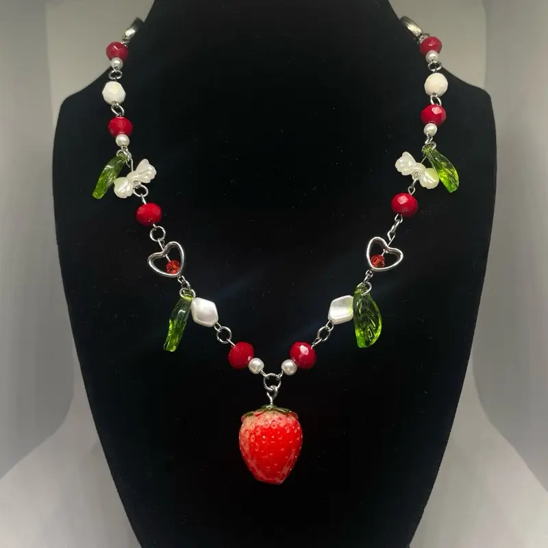 Handmade Strawberry Necklace with Red Beads & Heart Charms