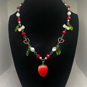 Handmade Strawberry Necklace with Red Beads & Heart Charms