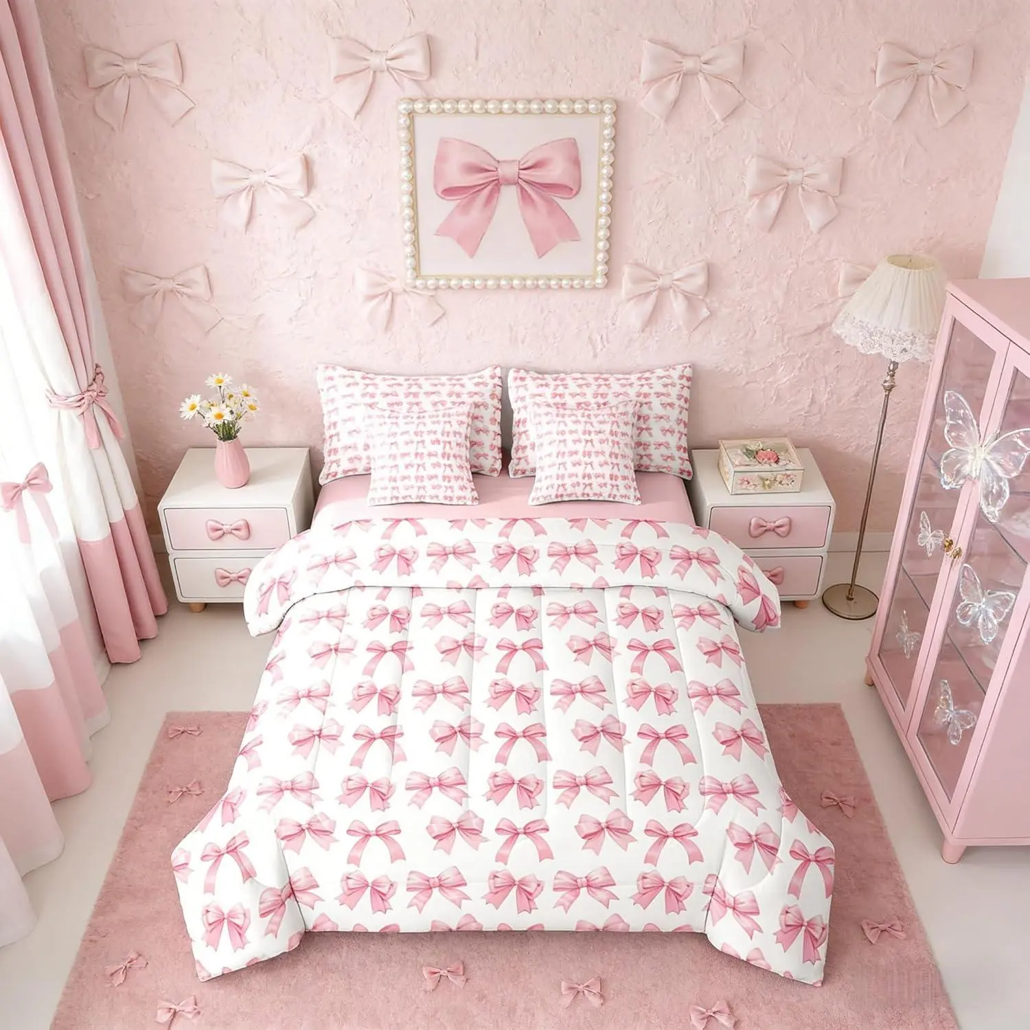Feelyou Girls' 7-Piece Pink Bedding Set - Ultra-Soft Kawaii Floral Print Breathable Soft Blanket, Luxe Coquette Ribbon Comforter, Matching Bedsheet Sets, Multi-Size Options, Ideal for Blanket Gifts, Thanksgiving, Father's Day, Floral Bedding