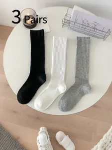 Women's Foldover Socks Set, East Gate Crinkle Bubble Pile Socks, Basic Solid Color Long Tube Socks, Casual Slimming Jk Socks