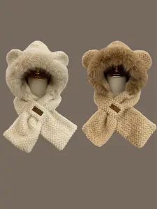 Cute Fox Ear Hat Scarf Set Winter Plush Thickened Warm Neck Warmer Cycling Windproof Heated Earmuff Cap Women's Fashion Accessories Integrated Design Gloves beanie