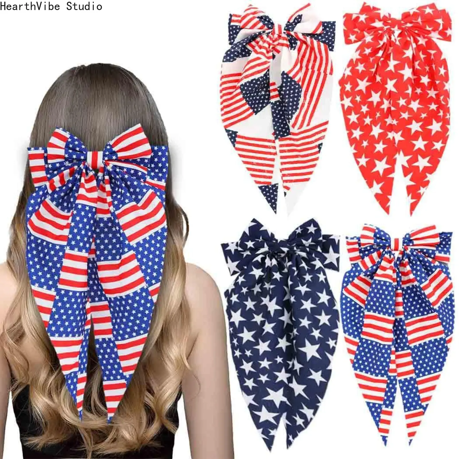 Patriotic Hair Bow Clip for Women & Girls, Large USA Flag Print Grosgrain Ribbon Barrette, Non-Slip Hair Decor for 4th of July & Memorial Day, Clips For Hair, Hair Barrettes