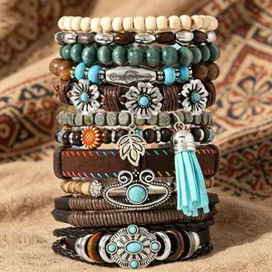 11pcs Wooden Bead & PU Leather Elastic Bracelet Set Suitable for Men & Women, Retro Beaded Bands with Flower Tassel Leaf Charms, Stretchable Wristbands for Casual Attire, Parties, Vacations, Gift-Giving (Year-Round)