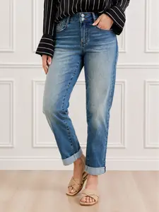 Judy Blue Mid Rise Cool Denim with Cross Back Belt Loop Boyfriend Jeans 881089, Stretchy Cotton Comfort Lighter weight Womenswear Bottom, Cuffed, Summer. Chic Trendy, Classic