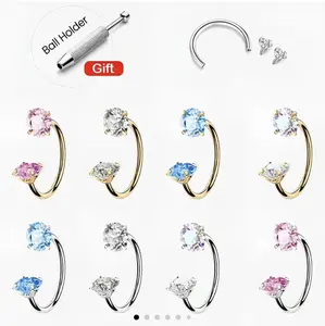 18G/20G 6/7/8mm Titanium Horseshoe Nose Ring G23 with Free Ball Holder Internally Threaded Gems for Septum Piercings - Nosepiercings