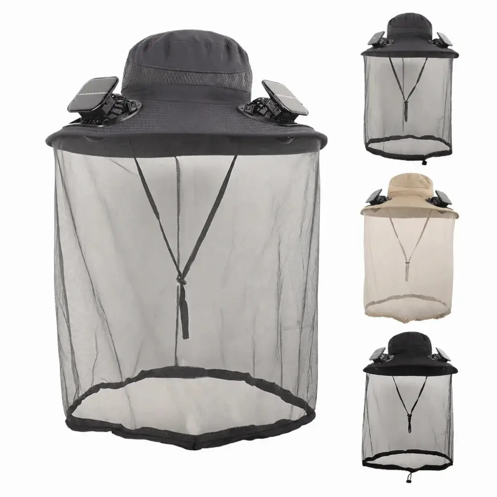 Fashion Solar Powered Solar Fan Hat Wide Brim Cooling Fan Hat With Net Dual Fans Wide Brim Solar Hat Beach