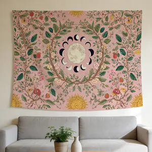 Moon Phases Botanical Tapestry Celestial Whimsical Style Wall Hanging Suitable for Home Decor Valentine's Day Easter St.Patrick's Day Halloween Christmas and Other Festival Decorations.