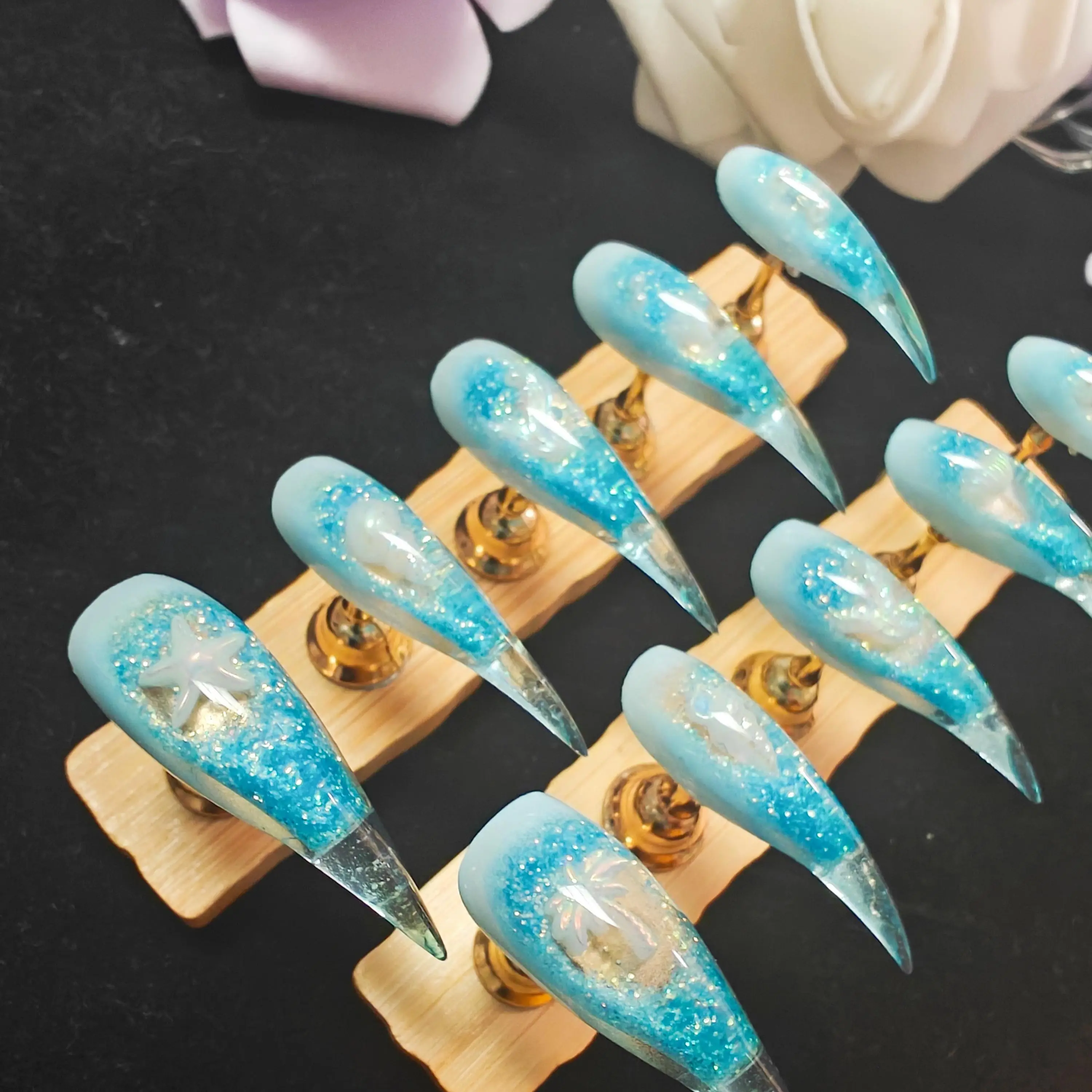 JmDrnails water Dragon Claw glow in the dark Nails 10 Pcs Handmade Acrylic Press on Nails Holographic Glitter Accents | Salon-Quality sparkly desgin Statement Nails