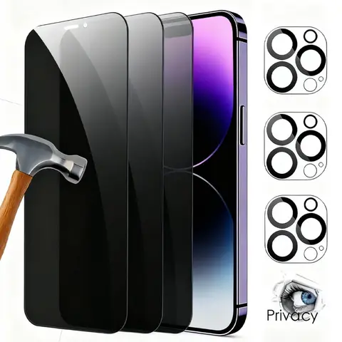 9H Hardness Anti-Peeping Touch Phone Screen Protector 2-Pack Kit for iPhone 17/16/15/14/13/12/11 Pro Max (iphone11promax), Includes 2 Camera Lens Protectors, Scratchproof, Shell-Friendly Smartphone Phone Accessories