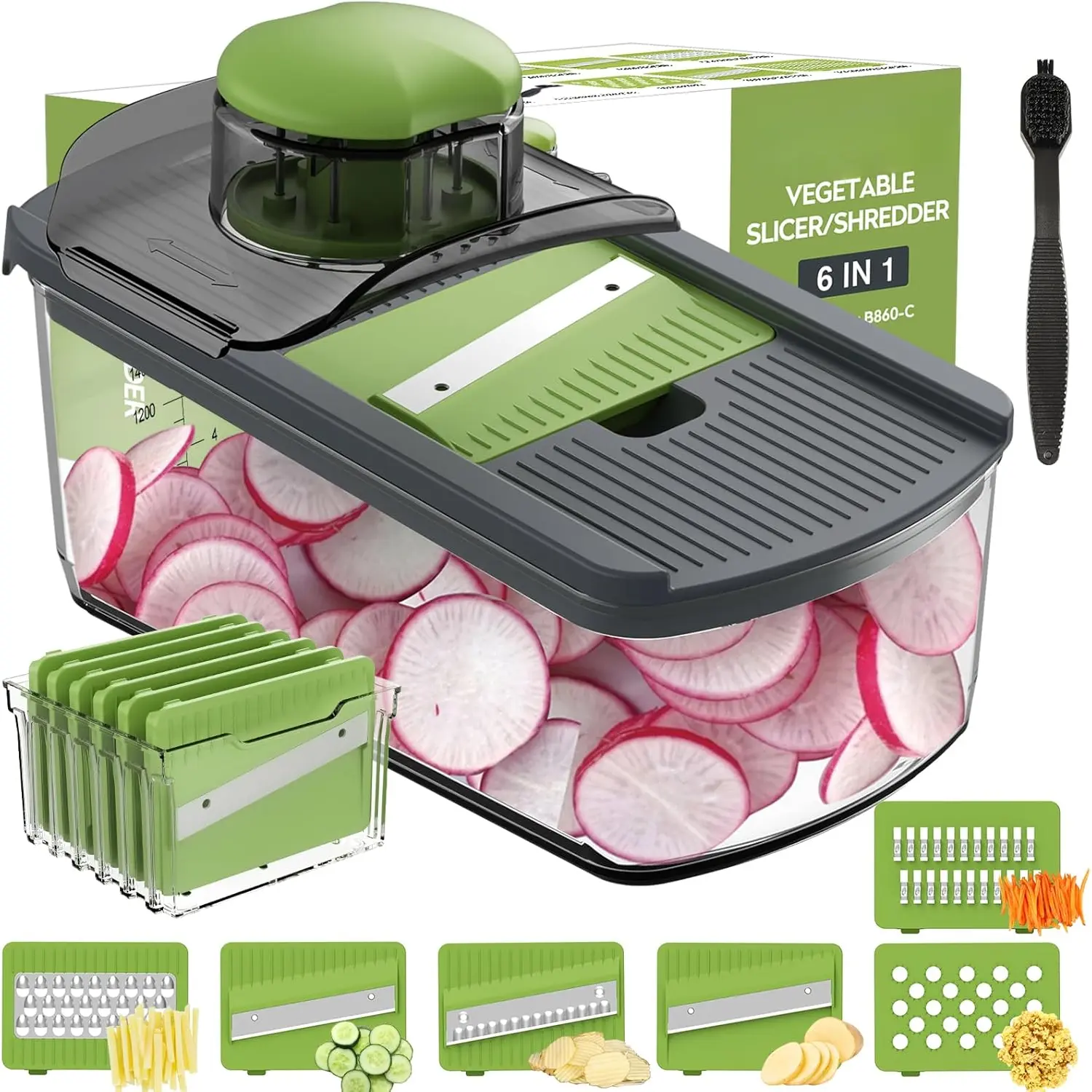 Mandolin  Slicer, Hand Safe Kitchen Vegetable Shredder with 6 Mandoline , Veggie Waffle  for Potato, Carrot, Zucchini, Onion, Essential Kitchen Gadgets (6 in 1, Gray)