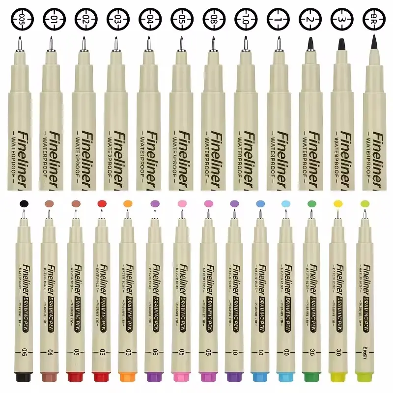 Muchcute Micro Fineliner Drawing Art Pens Set - 12 Black + 12 Colored, Waterproof Archival Ink, Slim Compact, Art Supplies for Students, Black Writing & Colored Drawing & Painting Supplies, Anime Manga Sketching Kit