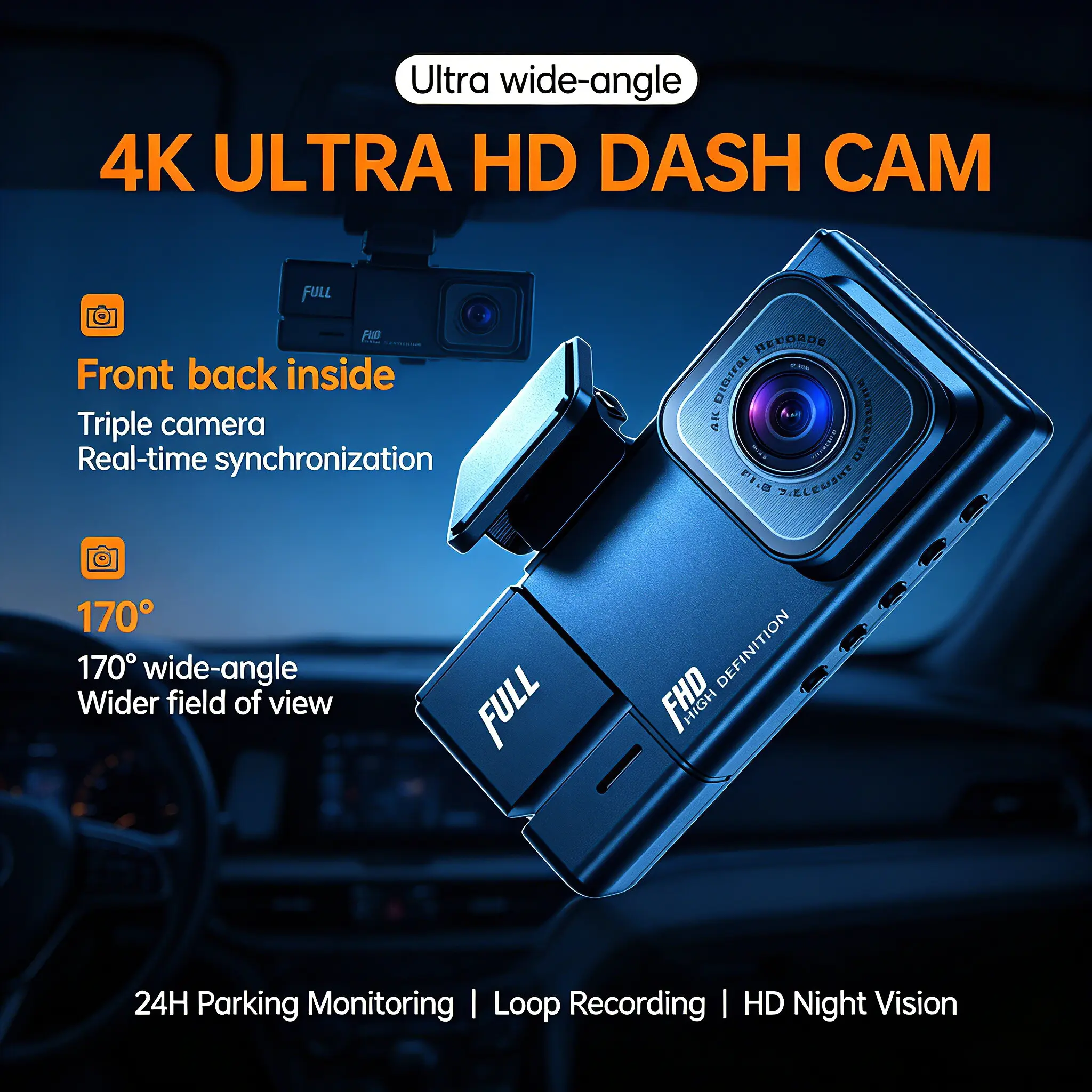 4K Ultra HD Dash Cam Front and Rear Triple Camera 2160P Car Recorder with 24H Parking Monitor 170 Degree Wide Angle Night Vision WiFi APP Remote View Motion Sensor Collision Lock Auto Loop Recording