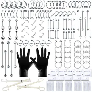 TKKUY 153Pcs Piercing Kit: 12G, 14G, 16G, 20G Needles & 316L Stainless Steel Jewelry for Nose, Belly, Lip, Ear & More
