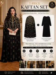 Luxurious Beaded Outer Robe + Soft Knit Lining Two-Piece Set, High-End Abaya Long Dress Ensemble, Elegant Fashion Wear